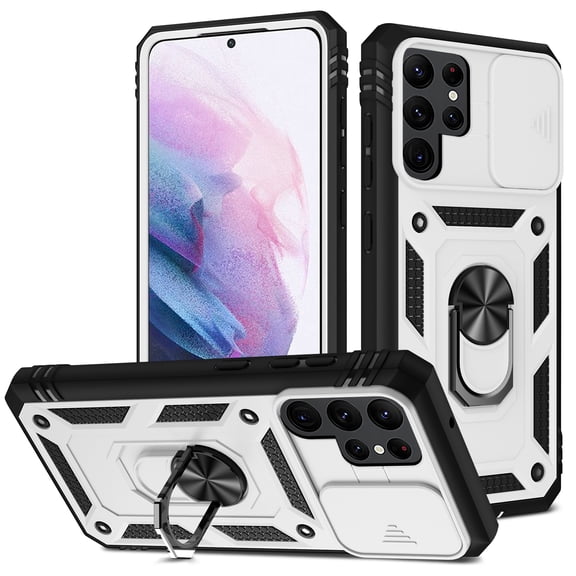 Military Grade Drop Impact for Samsung Galaxy S22 Ultra Camera Lens Slide Protection Case 360 Metal Rotating Ring Kickstand Holder Armor Shockproof Case For Samsung Galaxy S22 Ultra,
White
