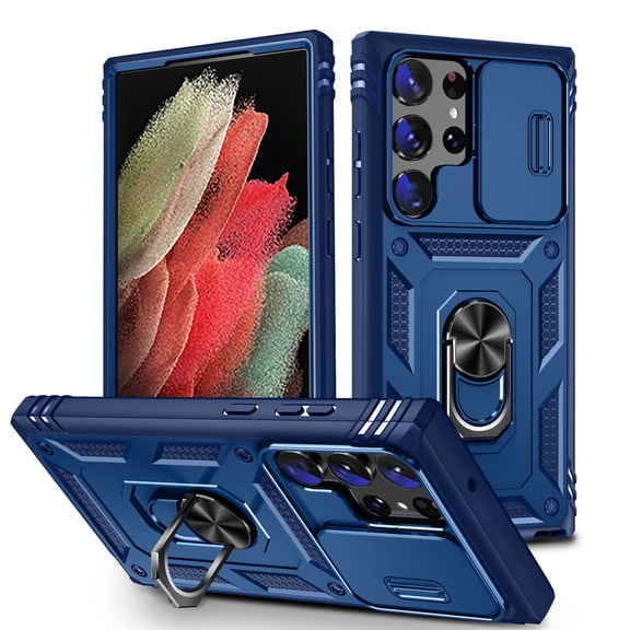 Military Grade Drop Impact for Samsung Galaxy S23 Ultra Camera Lens Slide Protection Case 360 Metal Rotating Ring Kickstand Holder Armor Shockproof Case For Samsung Galaxy S23 Ultra,
Navy+Blue