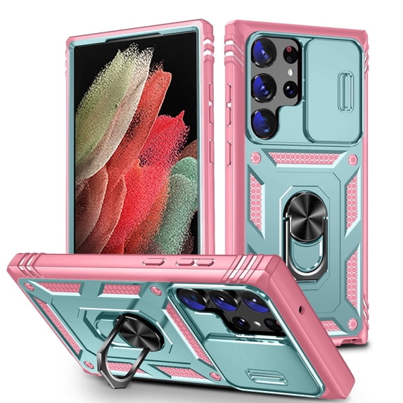 Military Grade Drop Impact for Samsung Galaxy S24 Ultra Camera Lens Slide Protection Case 360 Metal Rotating Ring Kickstand Holder Armor Shockproof Case For Samsung Galaxy S24 Ultra, Mint+Pink