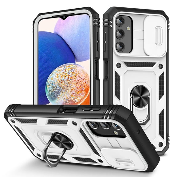 Military Grade Drop Impact for Samsung Galaxy S25 Camera Lens Slide Protection Case 360 Metal Rotating Ring Kickstand Holder Armor Shockproof Case For Samsung Galaxy S25, White+Black