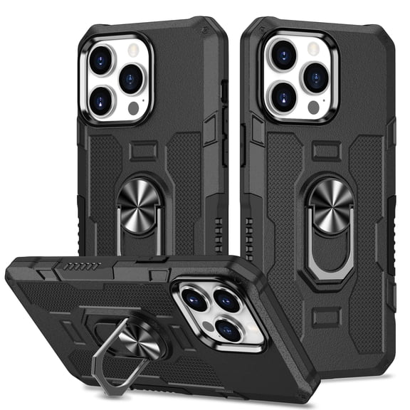 Military Grade Drop Impact for iPhone 12 Pro / 12 6.1" Rugged Case, 360 Metal Magnetic Car Rotating Ring Kickstand Holder Armor Heavy Duty Shockproof Case For iPhone 12 Pro / 12 6.1",Black