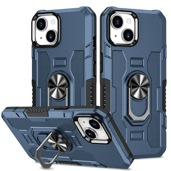 Military Grade Drop Impact for iPhone 13 Rugged Case, 360 Metal Magnetic Car Rotating Ring Kickstand Holder Armor Heavy Duty Shockproof Case For iPhone 13,Blue