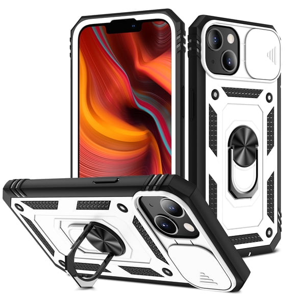 Military Grade Drop Impact for iPhone 14 Camera Lens Slide Protection Case 360 Metal Rotating Ring Kickstand Holder Armor Shockproof Case For iPhone 14, Black+White