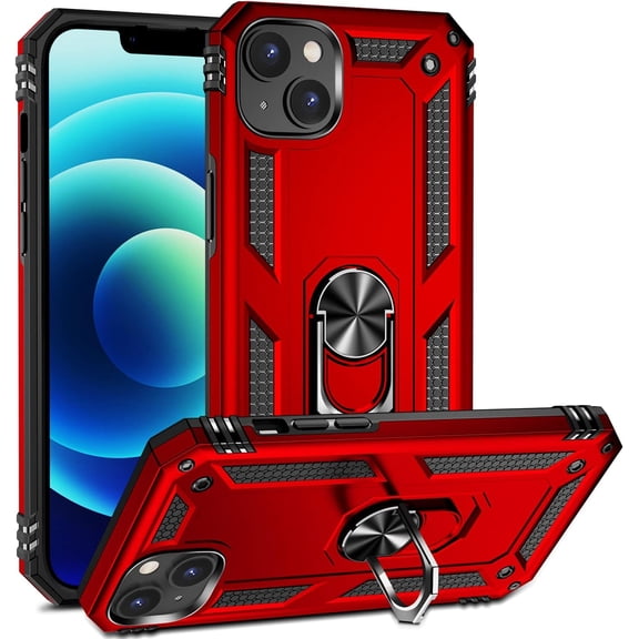 Military Grade Drop Impact for iPhone 14 Case 360 Metal Rotating Ring Kickstand Holder Armor Heavy Duty Shockproof Case for iPhone 14 Phone Case (Red)