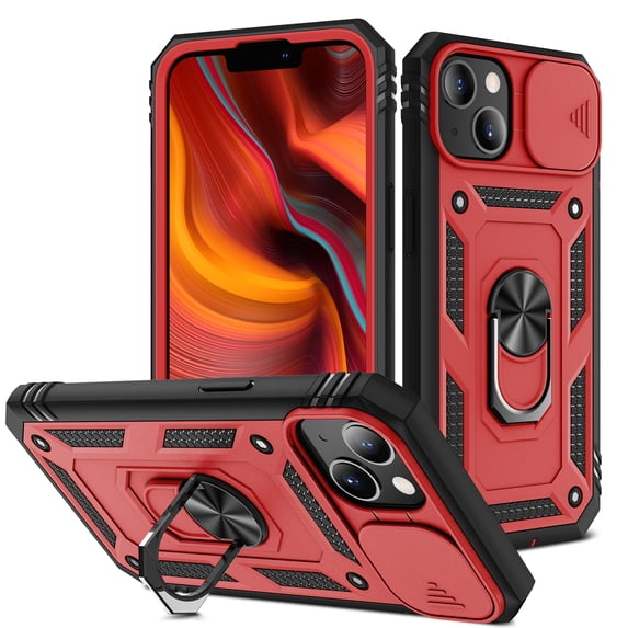 Military Grade Drop Impact for iPhone 14 Plus Camera Lens Slide Protection Case 360 Metal Rotating Ring Kickstand Holder Armor Shockproof Case For iPhone 14 Plus, Black+Red