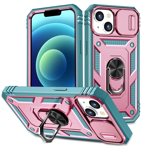 Military Grade Drop Impact for iPhone 15 Plus Camera Lens Slide Protection Case 360 Metal Rotating Ring Kickstand Holder Armor Shockproof Case For iPhone 15 Plus, Green+Pink
