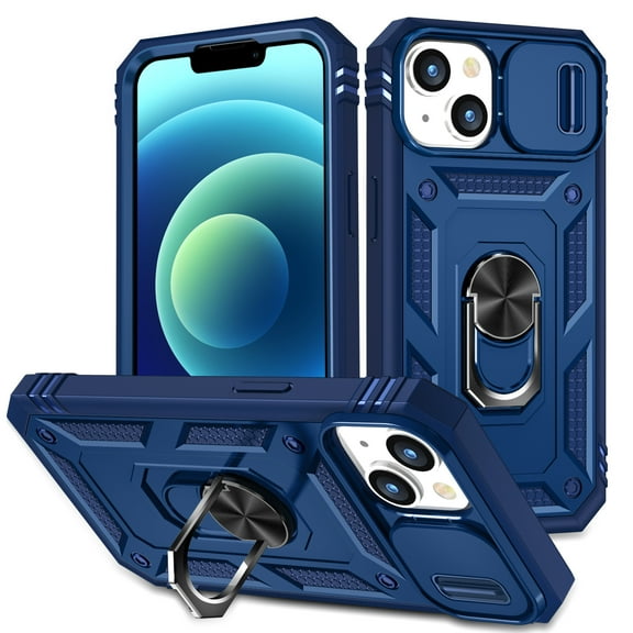 Military Grade Drop Impact for iPhone 15 Plus Camera Lens Slide Protection Case 360 Metal Rotating Ring Kickstand Holder Armor Shockproof Case For iPhone 15 Plus, Blue