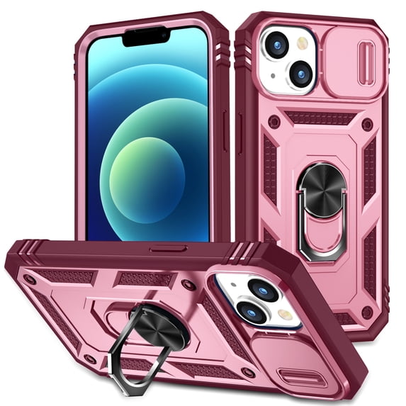 Military Grade Drop Impact for iPhone 15 Plus Camera Lens Slide Protection Case 360 Metal Rotating Ring Kickstand Holder Armor Shockproof Case For iPhone 15 Plus, Red+Pink