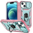 thumbnail image 1 of Military Grade Drop Impact for iPhone 15 Plus Camera Lens Slide Protection Case 360 Metal Rotating Ring Kickstand Holder Armor Shockproof Case For iPhone 15 Plus, Pink+Green, 1 of 11