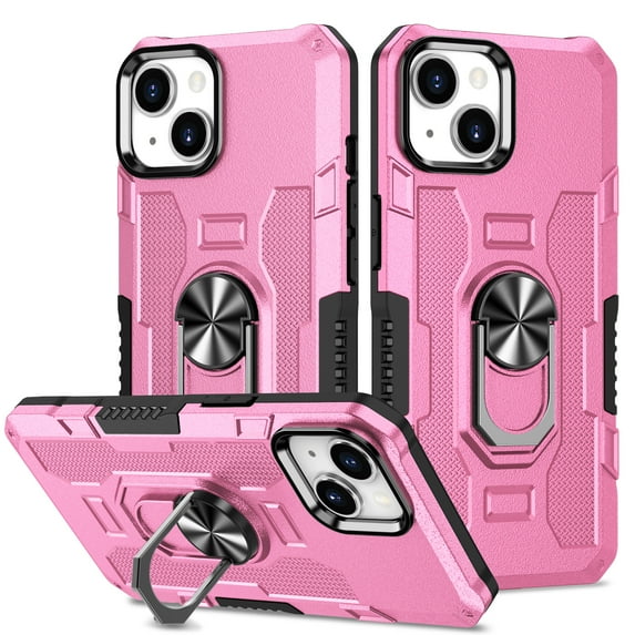 Military Grade Drop Impact for iPhone 15 Plus Rugged Case, 360 Metal Magnetic Car Rotating Ring Kickstand Holder Armor Heavy Duty Shockproof Case For iPhone 15 Plus,Pink