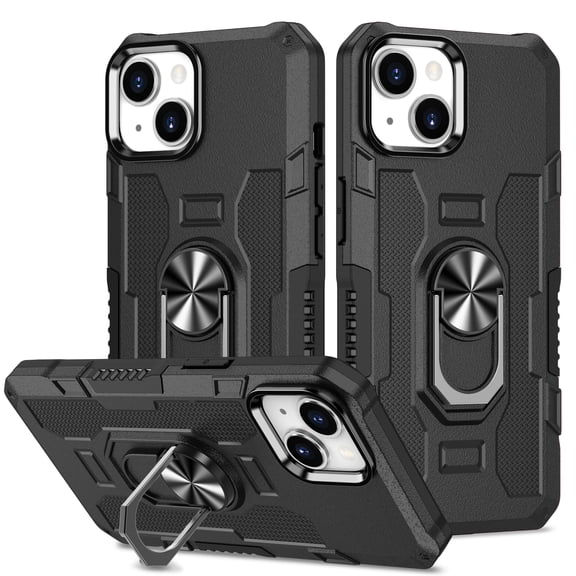 Military Grade Drop Impact for iPhone 15 Rugged Case, 360 Metal Magnetic Car Rotating Ring Kickstand Holder Armor Heavy Duty Shockproof Case For iPhone 15,Black