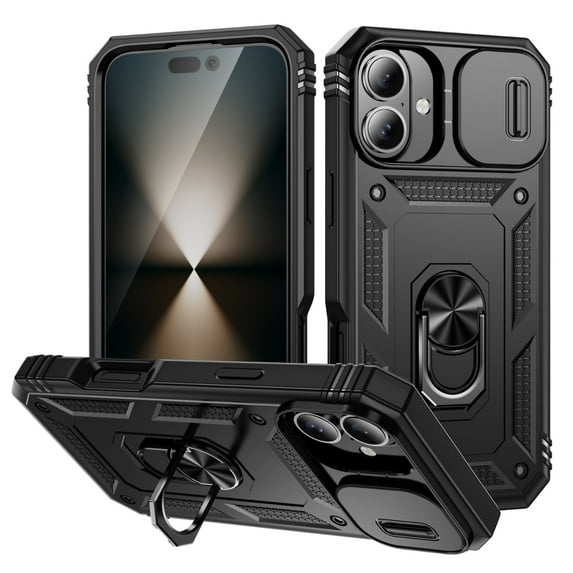 Military Grade Drop Impact for iPhone 16 Plus Camera Lens Slide Protection Case 360 Metal Rotating Ring Kickstand Holder Armor Shockproof Case For iPhone 16 Plus, Black