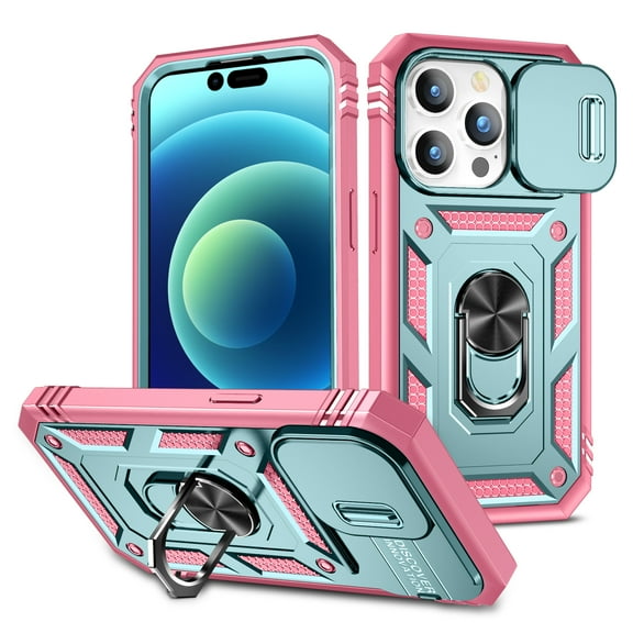 Military Grade Drop Impact for iPhone 16 Pro Camera Lens Slide Protection Case 360 Metal Rotating Ring Kickstand Holder Armor Shockproof Case For iPhone 16 Pro, Pink+Green