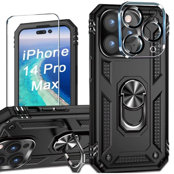 Military Grade Finger Loop Case with 360 Rotating Ring Grip Kickstand + Tempered Glass Screen and Camera Lens Protector for iPhone 14 Pro Max - Black