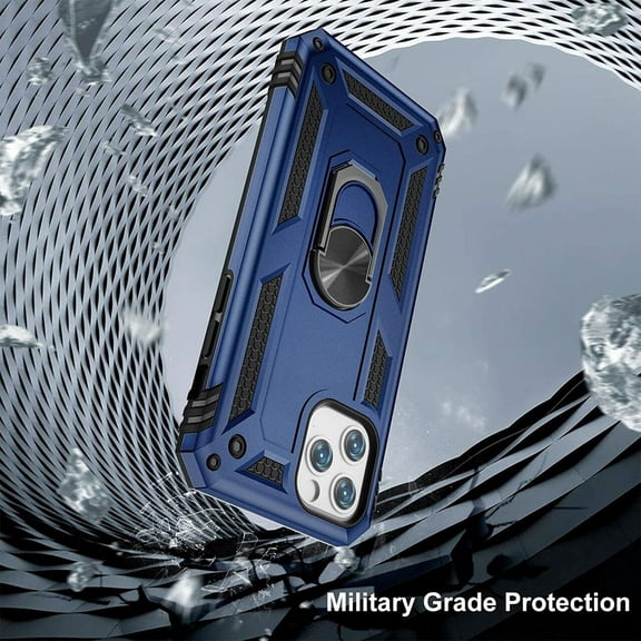 Military Grade Finger Loop Case with 360 Rotating Ring Grip Kickstand + Tempered Glass Screen and Camera Lens Protector for iPhone 14 Pro - Navy Blue