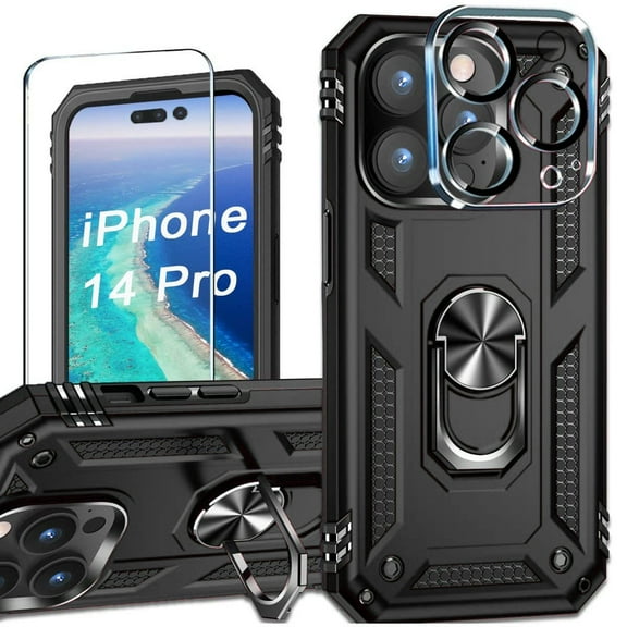 Military Grade Finger Loop Case with 360 Rotating Ring Grip Kickstand + Tempered Glass Screen and Camera Lens Protector for iPhone 14 Pro - Black