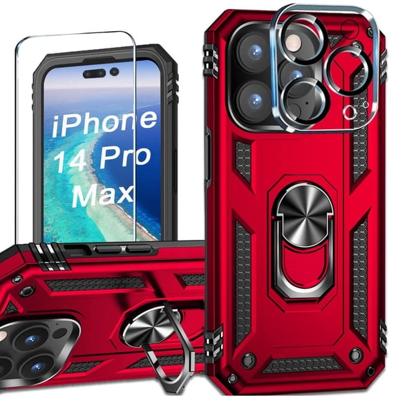 Military Grade Finger Loop Case with 360 Rotating Ring Grip Kickstand + Tempered Glass Screen and Camera Lens Protector for iPhone 14 Pro Max - Red