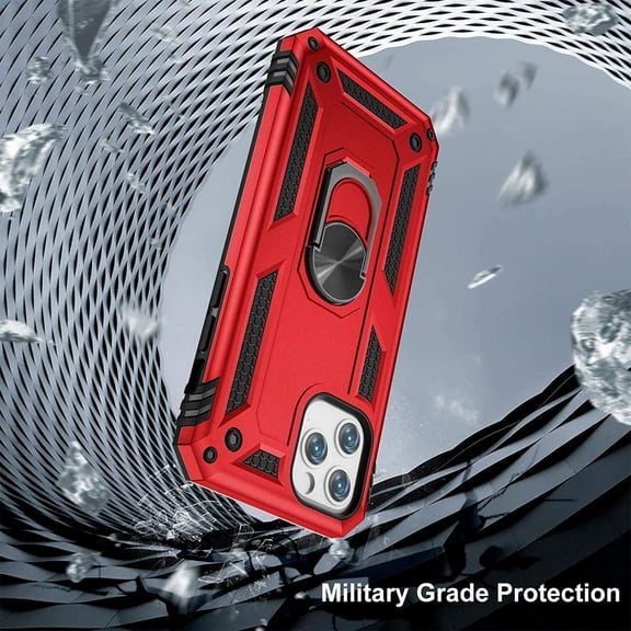 Military Grade Finger Loop Case with 360 Rotating Ring Grip Kickstand + Tempered Glass Screen and Camera Lens Protector for iPhone 14 Pro - Red