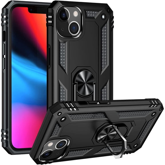 Military Grade Finger Loop Case with 360° Rotating Ring Grip Kickstand for iPhone 14 - Black