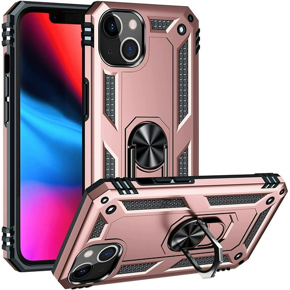 Military Grade Finger Loop Case with 360° Rotating Ring Grip Kickstand for iPhone 14 Plus - Rose Gold