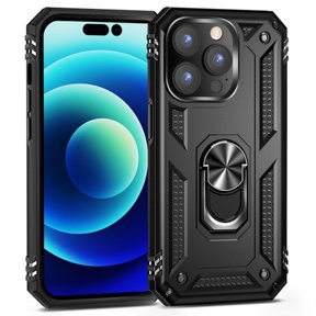 Military Grade Finger Loop Case with 360 Rotating Ring Grip Kickstand for iPhone 14 Pro - Black
