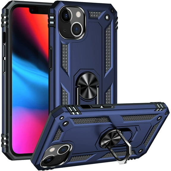 Military Grade Finger Loop Case with 360 Rotating Ring Holder Kickstand for iPhone 13 - Navy Blue