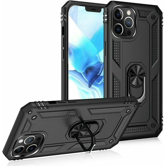 Military Grade Finger Loop Case with 360 Rotating Ring Holder Kickstand for iPhone 13 Pro - Black