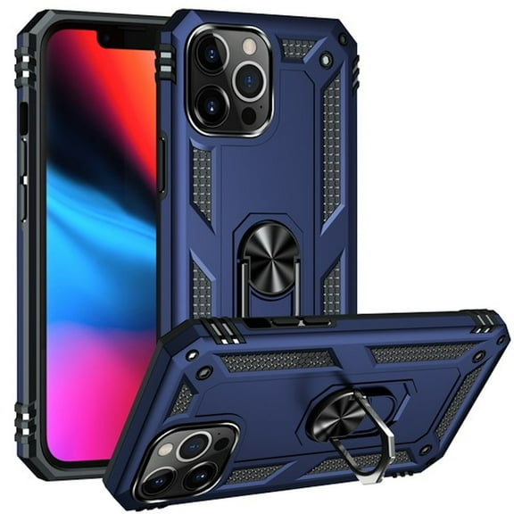 Military Grade Finger Loop Case with 360 Rotating Ring Holder Kickstand for iPhone 13 Pro Max - Navy Blue