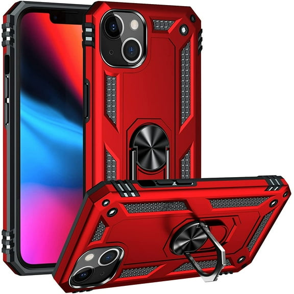 Military Grade Finger Loop Case with 360 Rotating Ring Holder Kickstand for iPhone 13 - Red