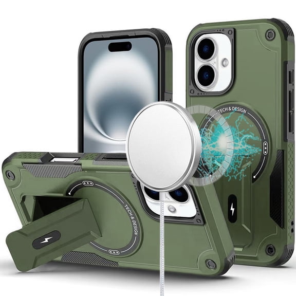 Military Grade HD Armor MagSafe Case with Kickstand for iPhone 16 - Green