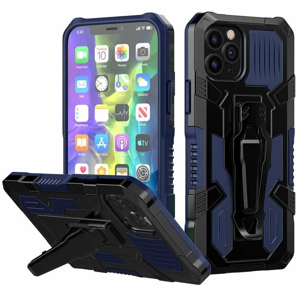 Military Grade Hybrid Armor Case with Integrated Belt Clip and Kickstand for iPhone 13 - Navy Blue