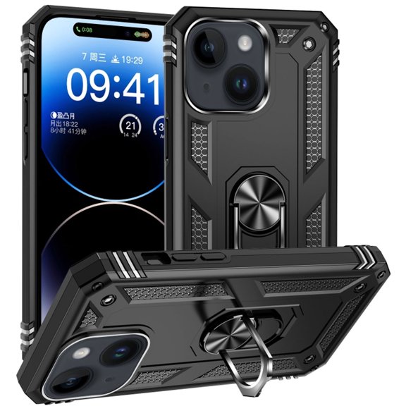 Military Grade Hybrid Case with Ring Grip for iPhone 15 - Black
