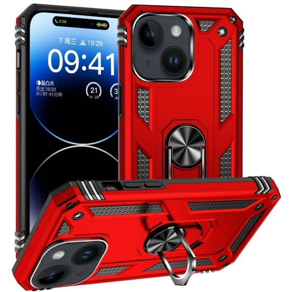 Military Grade Hybrid Case with Ring Grip for iPhone 15 Plus - Red