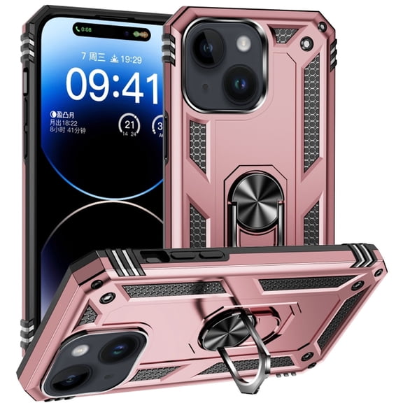 Military Grade Hybrid Case with Ring Grip for iPhone 15 - Rose Gold