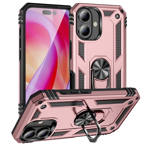 Military Grade Hybrid Case with Ring Grip for iPhone 16 - Rose Gold