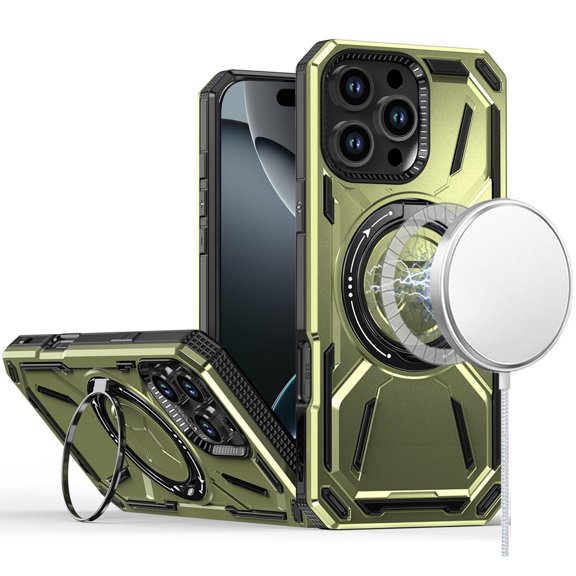 Military Grade MagSafe Hybrid Armor Case with Rotating Kickstand for iPhone 16 Pro - Green