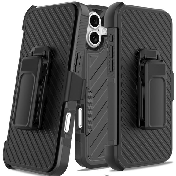 Military Grade Noble Hybrid Armor Case with Belt Clip Holster for iPhone 16 - Black