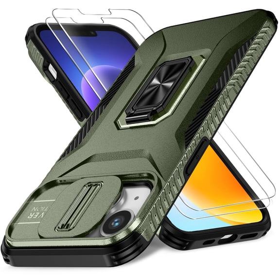 Military Grade Phone Case compatible with Apple iPhone 13 and iPhone 14, Shockproof Cover with Slide Camera Cover, 2 Pack Screen Protectors, Rotating Ring Kickstand