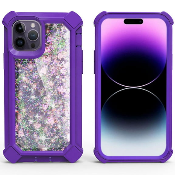 Military Grade Quicksand Glitter Waterfall Hybrid Case for iPhone 14 Pro - Purple