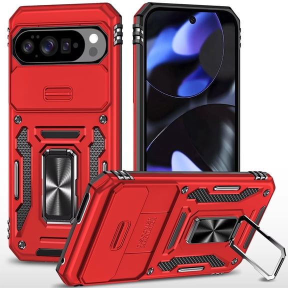 Military Grade Ring Holder Case with Camera Lens Cover for Google Pixel 10 / Pixel 10 Pro - Red