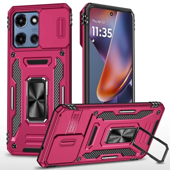 Military Grade Ring Holder Case with Camera Lens Cover for Motorola Moto G 2025 - Hot Pink