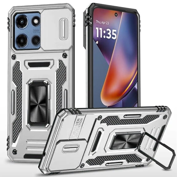 Military Grade Ring Holder Case with Camera Lens Cover for Motorola Moto G 2025 - Silver