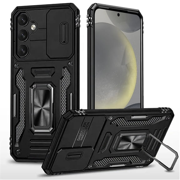 Military Grade Ring Holder Case with Camera Lens Cover for Samsung Galaxy S25 - Black