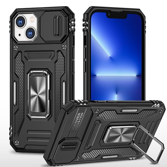 Military Grade Ring Holder Case with Camera Lens Cover for iPhone 14 Plus - Black