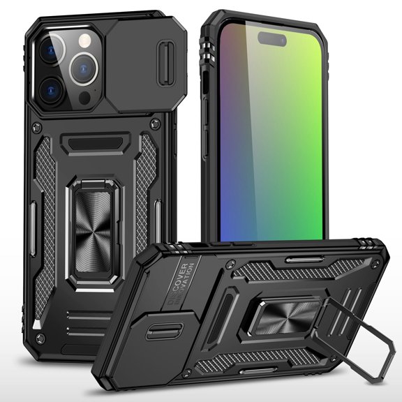 Military Grade Ring Holder Case with Camera Lens Cover for iPhone 15 Pro - Black