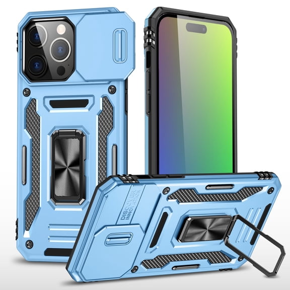 Military Grade Ring Holder Case with Camera Lens Cover for iPhone 16 Pro - Light Blue