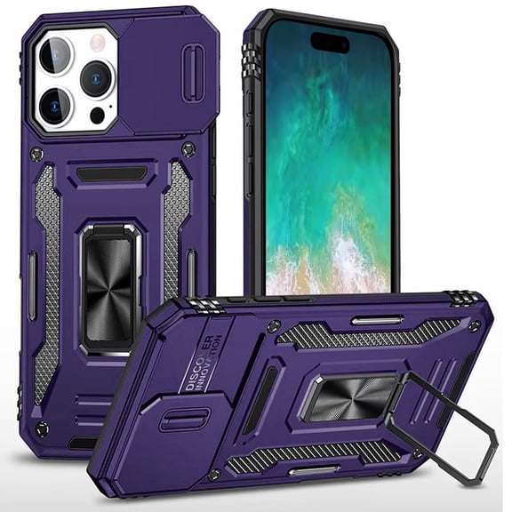 Military Grade Ring Holder Case with Camera Lens Cover for iPhone 16 Pro - Purple
