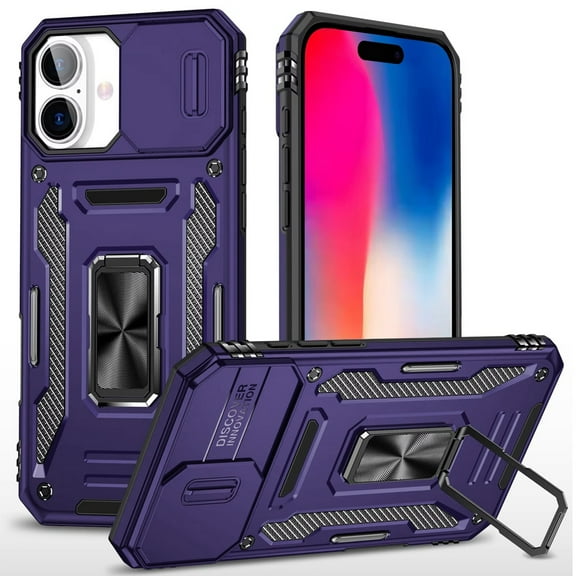 Military Grade Ring Holder Case with Camera Lens Cover for iPhone 16 - Purple