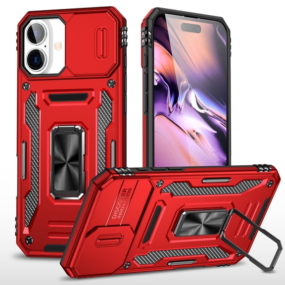 Military Grade Ring Holder Case with Camera Lens Cover for iPhone 16 - Red