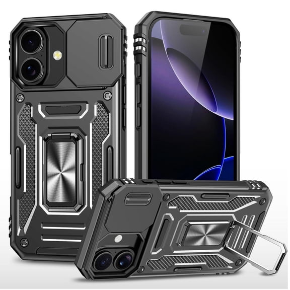Military Grade Ring Holder Case with Camera Lens Cover for iPhone 17 - Black